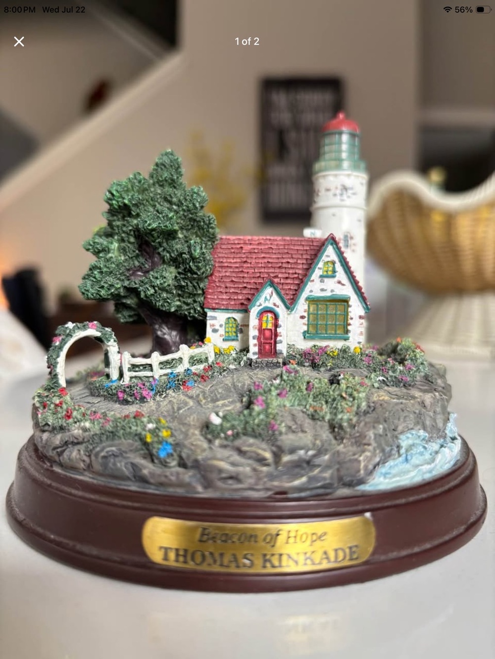 Thomas Kinkade Cottage & Lighthouse Figurine — White, Red, Green